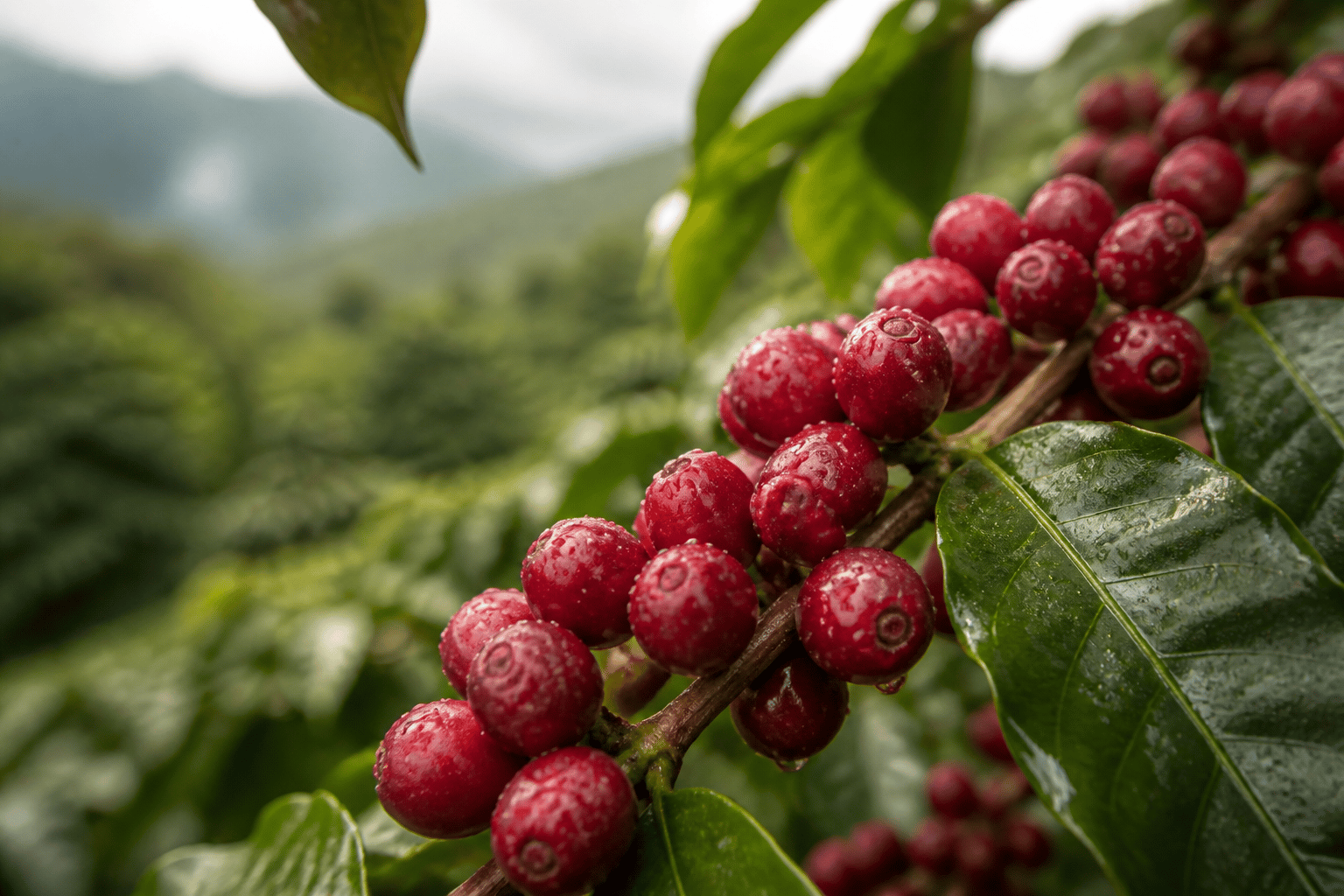 Ripe coffee cherries on Arcadian farms