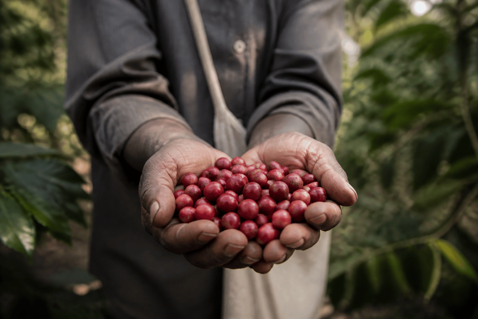 Hands holding freshly harvested coffee cherries